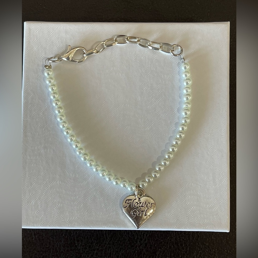 Faux pearl bead flower girl bracelet adjustability